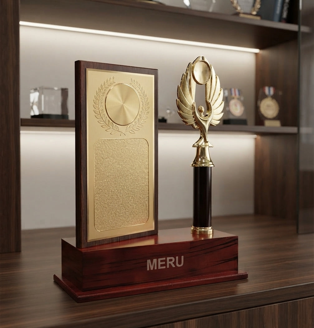 Wooden Memento with Golden Figurine Award Trophy 4001 alternate view - Meru Trophy