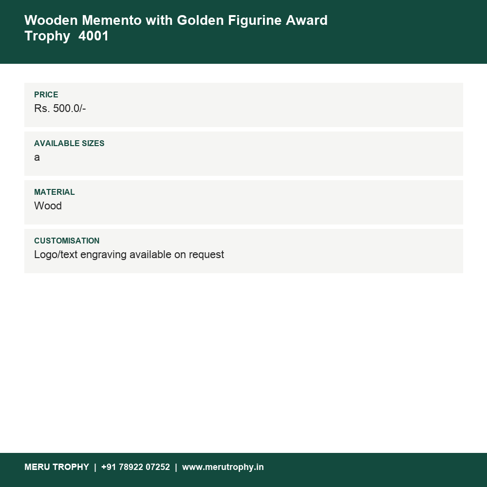 Wooden Memento with Golden Figurine Award Trophy 4001 details - Meru Trophy