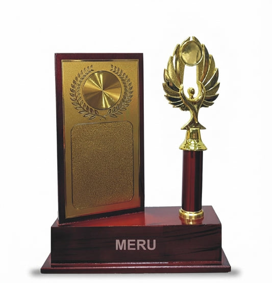 Wooden Memento with Golden Figurine Award Trophy 4001 - Meru Trophy