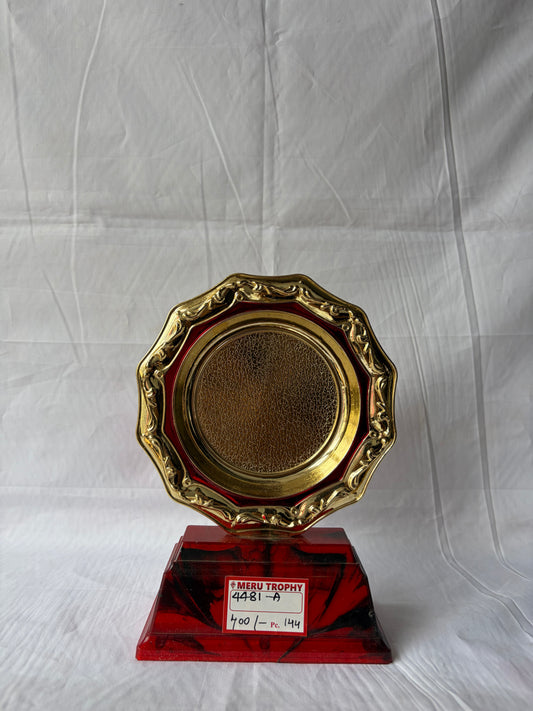 The gold octagonal 4481 plaque trophy with red marbled base and textured center for premium custom trophies and awards.