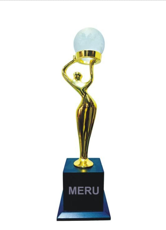 Gold trophy with globe; ideal for corporate awards and recognition.