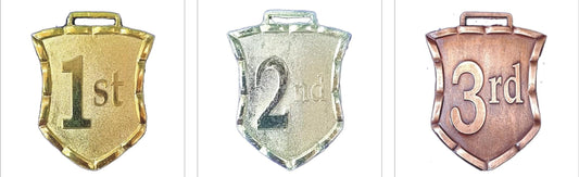 Gold; silver; and bronze shield medals for awards and recognition.