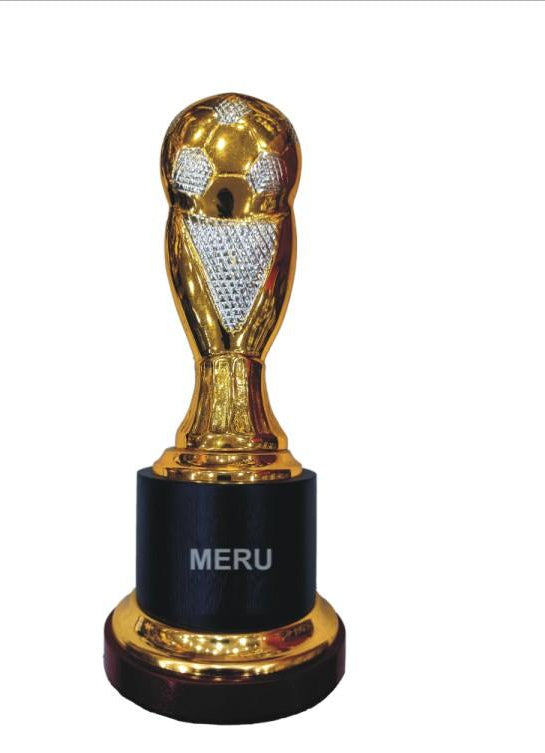 Gold soccer ball metal trophy; ideal for sports awards and recognition.