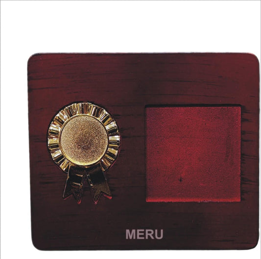 Elegant wooden memento trophy with gold foil medal design; perfect for employee recognition.