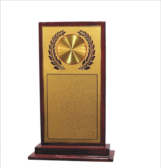 Elegant wooden memento trophy with gold plate; perfect for corporate recognition.