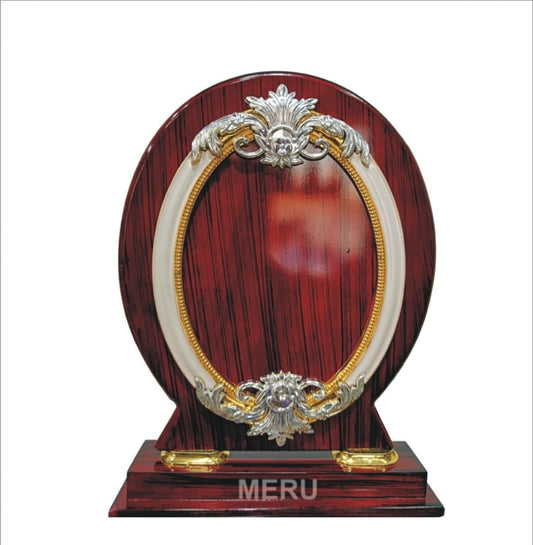 Elegant wooden trophy with silver and gold accents; perfect for awards and recognition.