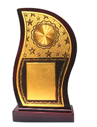 Custom wooden trophy with gold plate; ideal for awards and recognition.