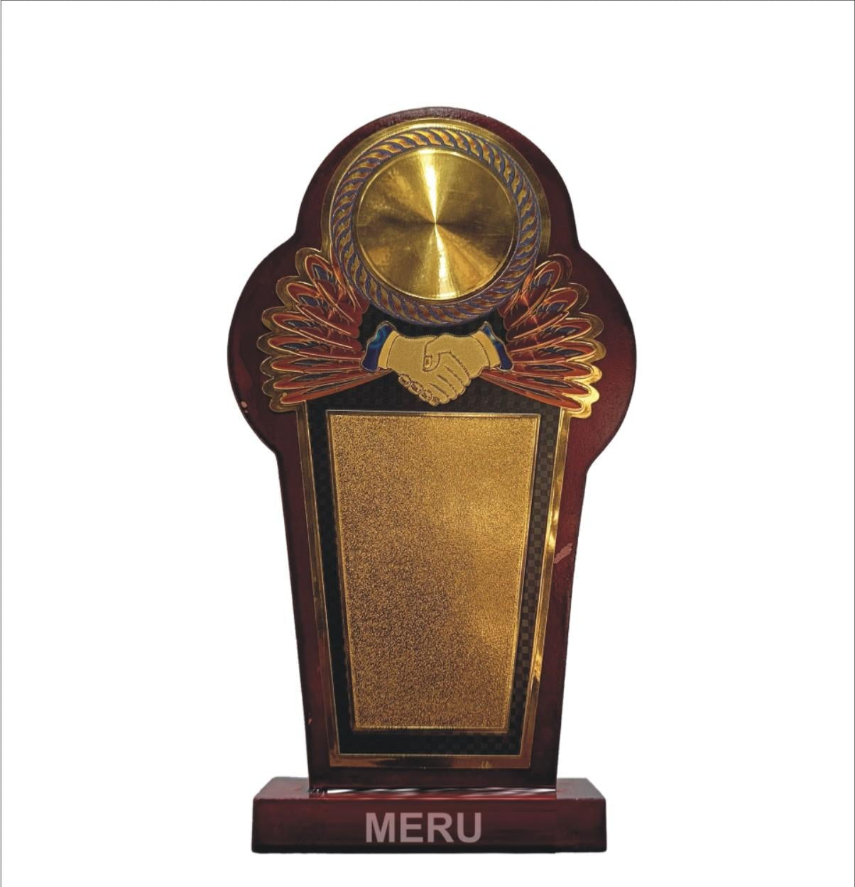 Elegant wooden memento trophy with gold accents; perfect for corporate recognition.