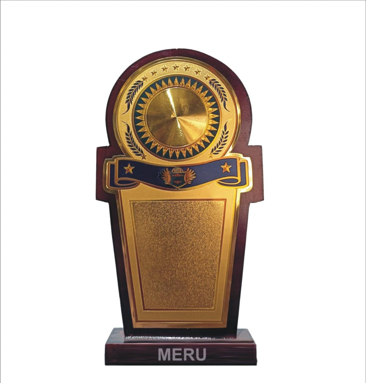 Elegant wooden memento trophy with gold accents; perfect for employee recognition.