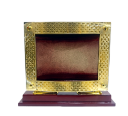 Custom wooden memento trophy with gold accents; perfect for corporate awards.