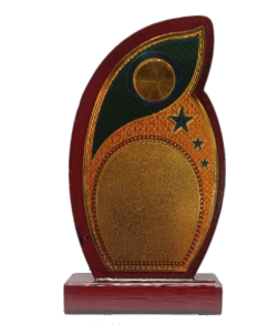 Elegant wooden memento trophy with gold plate; ideal for awards and recognition.