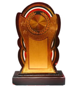 Elegant wooden memento for employee recognition and awards. Features gold accents and ample space for custom engraving.