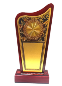 Elegant wooden trophy with gold plaque; ideal for employee recognition awards.
