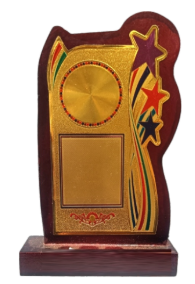 Wooden award trophy with gold plate; perfect for employee recognition or academic awards.