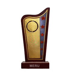 Elegant wooden memento trophy with gold plate and red stars; perfect for employee recognition.