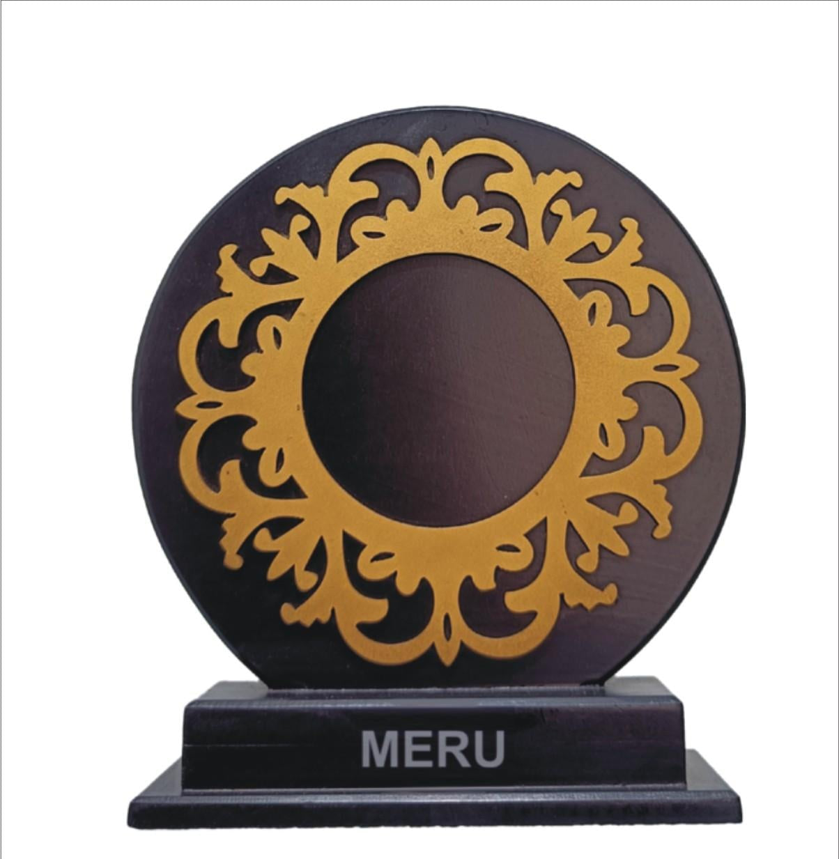 Elegant wooden trophy with gold floral design; perfect for employee recognition.